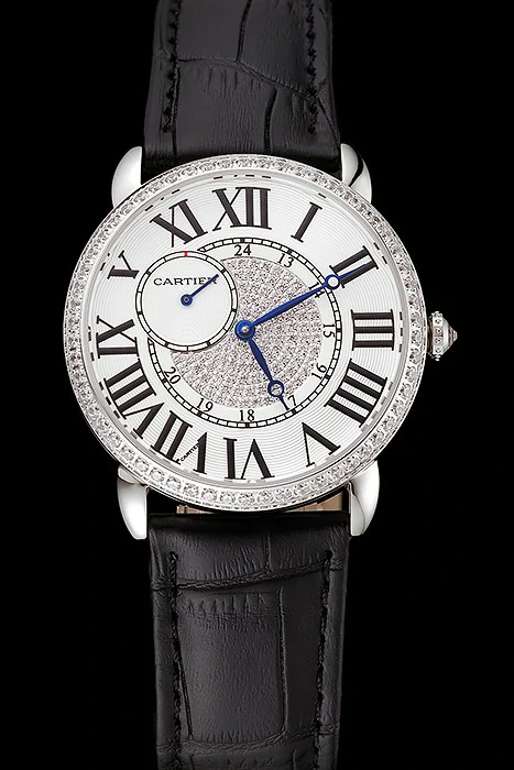 Cartier Ronde Louis Silver Diamond Case White Dial Black Leather Bracelet new124463