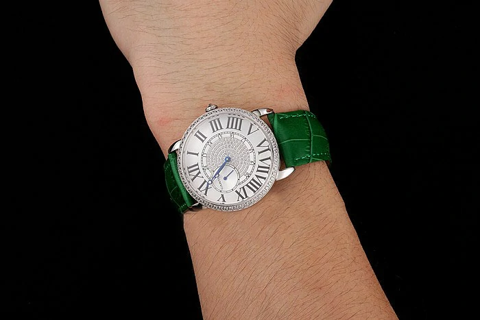 Cartier Ronde Louis Silver Diamond Case White Dial Green Leather Bracelet new124464