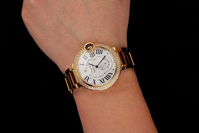 Cartier Ballon Bleu Two Timezone White Dial Diamond Case Gold Bracelet new124491