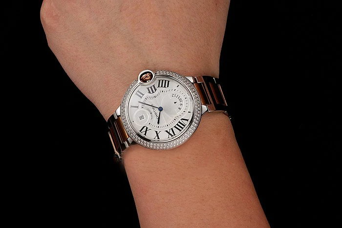 Cartier Ballon Bleu Two Timezone White Dial Diamond Case Rose Gold And Silver Bracelet new124493