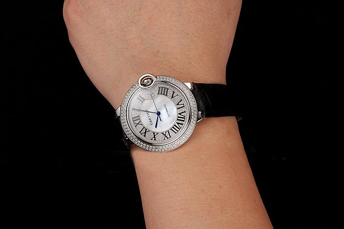 Cartier Ballon Bleu 46 MM Diamond Dial Diamond Case Black Leather Bracelet new124512
