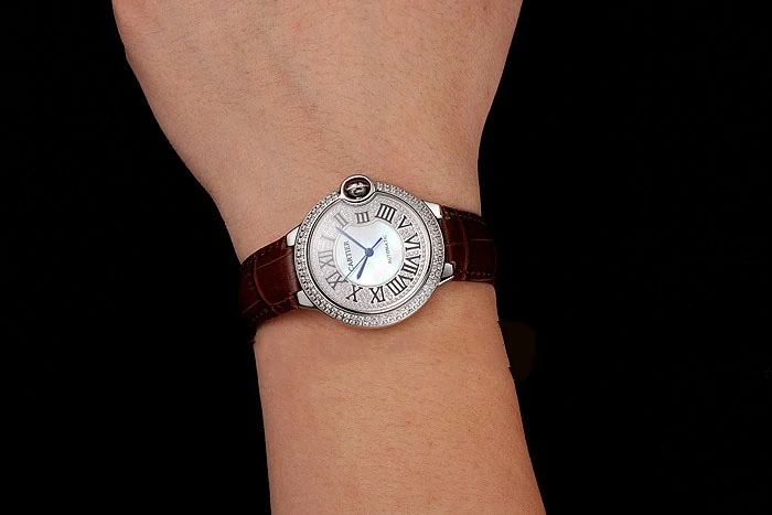 Cartier Ballon Bleu 46 MM Diamond Dial Diamond Case Brown Leather Bracelet new124513