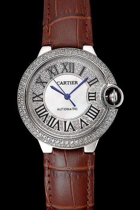 Cartier Ballon Bleu 46 MM Diamond Dial Diamond Case Brown Leather Bracelet new124513