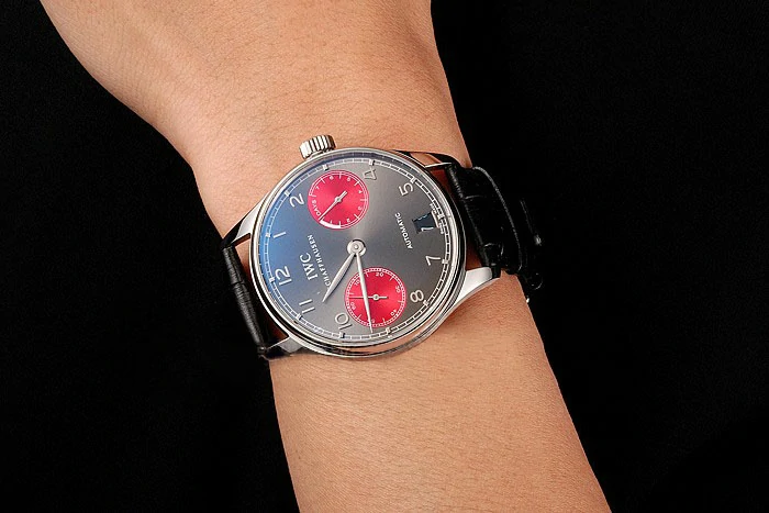 IWC Portuguese Grey Dial Red Subdials Silver Case Black Leather Bracelet new124523
