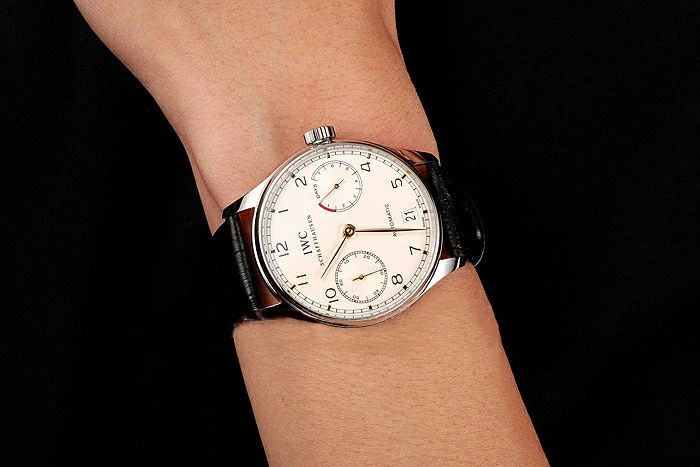 IWC Portuguese White Dial Gold Numerals Silver Case Black Leather Bracelet new124526