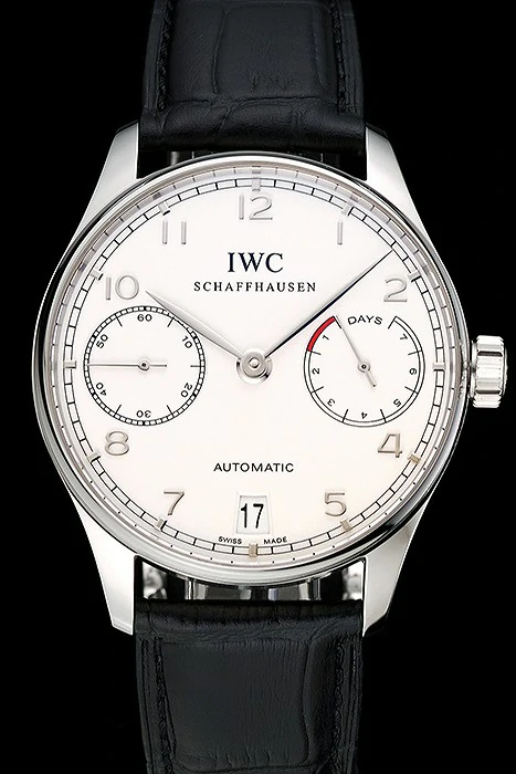 IWC Portuguese White Dial Silver Numerals Silver Case Black Leather Bracelet new124529