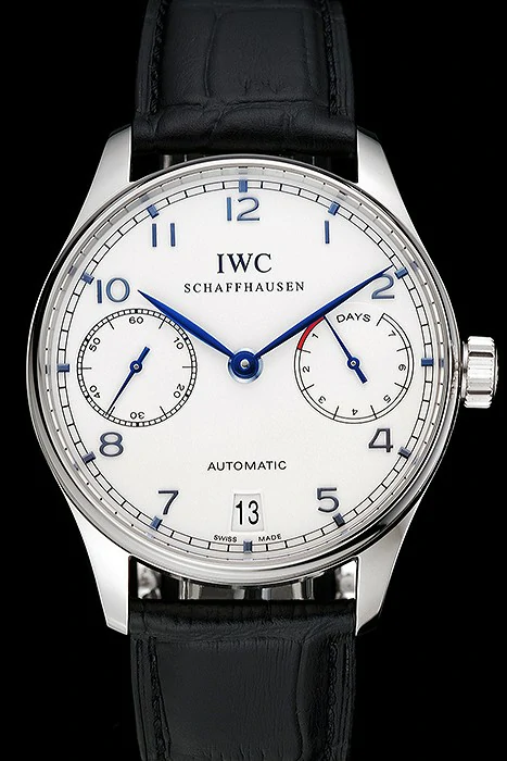IWC Portuguese White Dial Blue Numerals Silver Case Black Leather Bracelet new124530