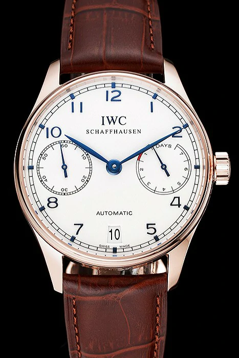 IWC Portuguese White Dial Blue Numerals Gold Case Brown Leather Bracelet new124531
