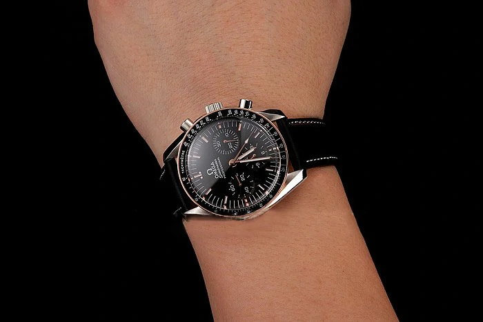 Omega Speedmaster Professional Black Dial Gold Accents Black Leather Bracelet new124553