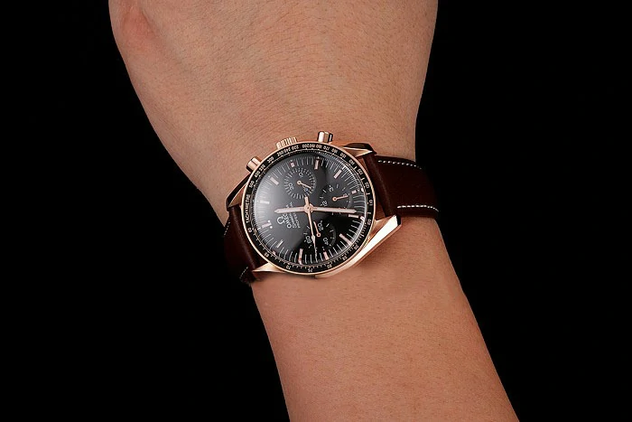 Omega Speedmaster Professional Black Dial Gold Case Brown Leather Bracelet new124556