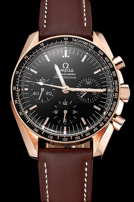 Omega Speedmaster Professional Black Dial Gold Case Brown Leather Bracelet new124556