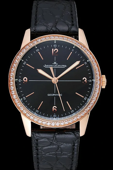 Jaeger LeCoultre Geophysic Black Dial Gold Diamond Case Black Leather Bracelet new124889
