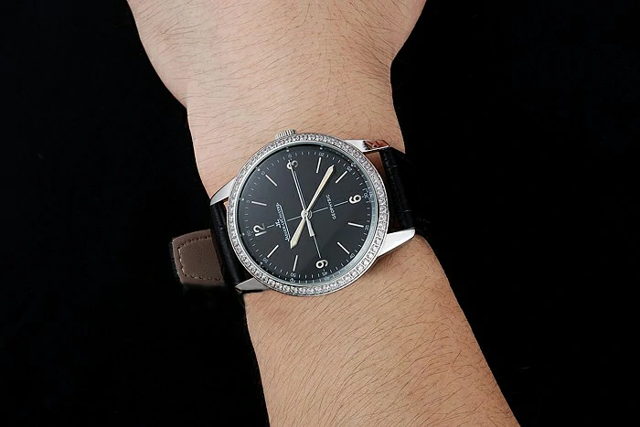 Jaeger LeCoultre Geophysic Black Dial Silver Diamond Case Black Leather Bracelet new124892