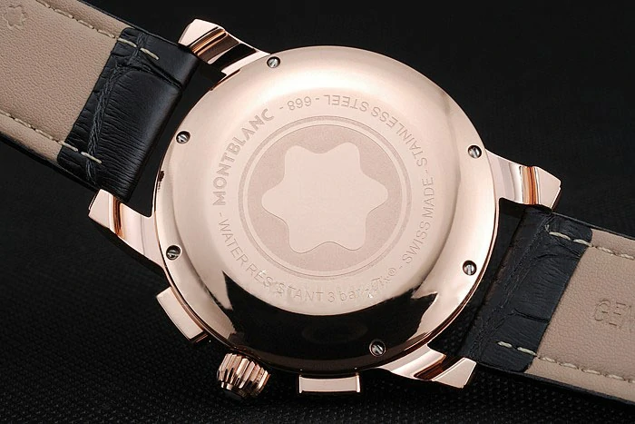 Montblanc Chronograph Black Dial Black Leather Bracelet Rose Gold Case new125117