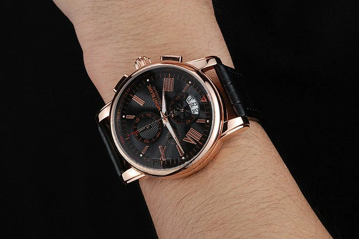 Montblanc Chronograph Black Dial Black Leather Bracelet Rose Gold Case new125117