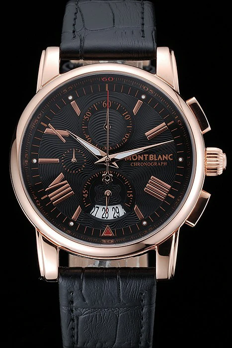 Montblanc Chronograph Black Dial Black Leather Bracelet Rose Gold Case new125117