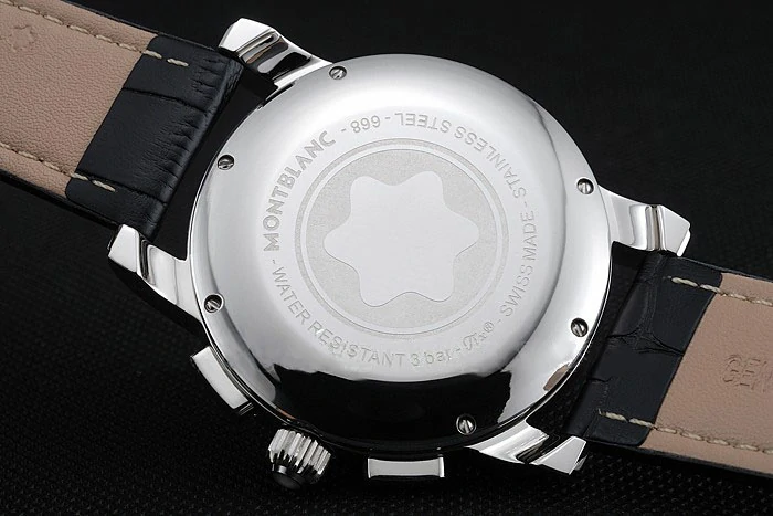 Montblanc Chronograph Black Dial Black Leather Bracelet Silver Case new125118