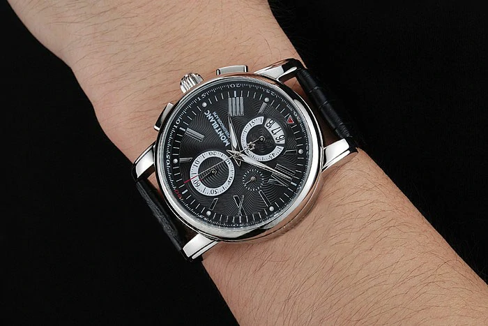Montblanc Chronograph Black Dial Black Leather Bracelet Silver Case new125118