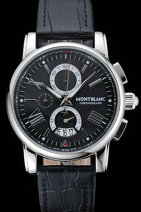 Montblanc Chronograph Black Dial Black Leather Bracelet Silver Case new125118