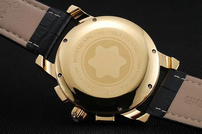 Montblanc Chronograph Black Dial Black Leather Bracelet Gold Case new125119
