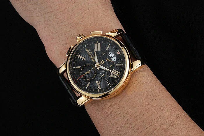 Montblanc Chronograph Black Dial Black Leather Bracelet Gold Case new125119