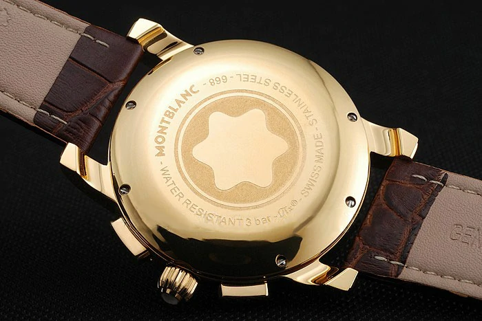 Montblanc Chronograph White Dial Brown Leather Bracelet Gold Case new125120