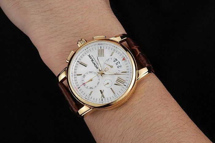 Montblanc Chronograph White Dial Brown Leather Bracelet Gold Case new125120