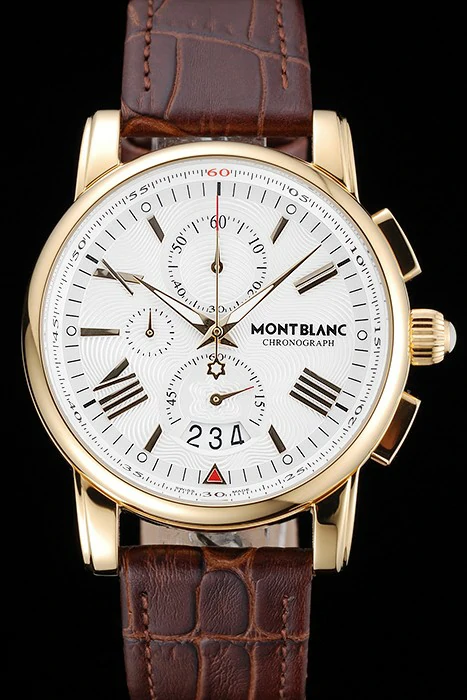Montblanc Chronograph White Dial Brown Leather Bracelet Gold Case new125120