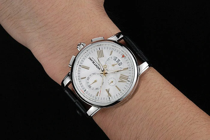 Montblanc Chronograph White Dial Black Leather Bracelet Silver Case new125121