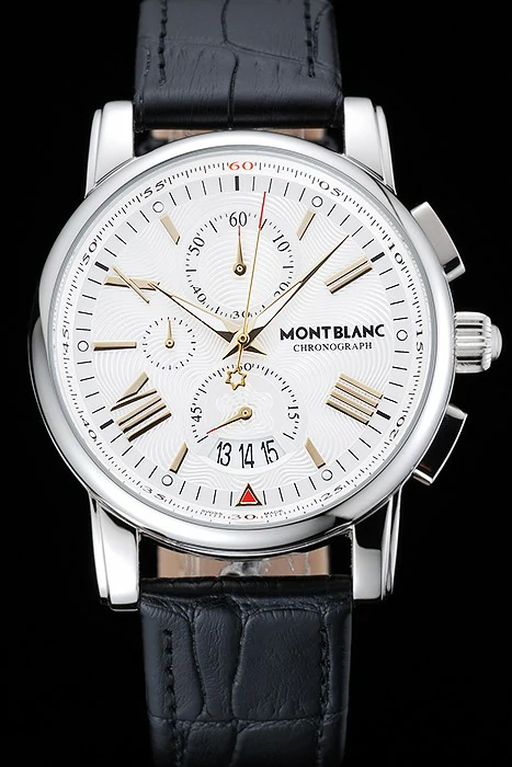 Montblanc Chronograph White Dial Black Leather Bracelet Silver Case new125121