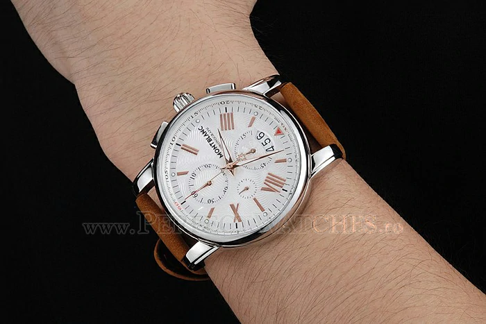 Montblanc Chronograph White Dial Brown Suede Leather Bracelet Silver Case new125122
