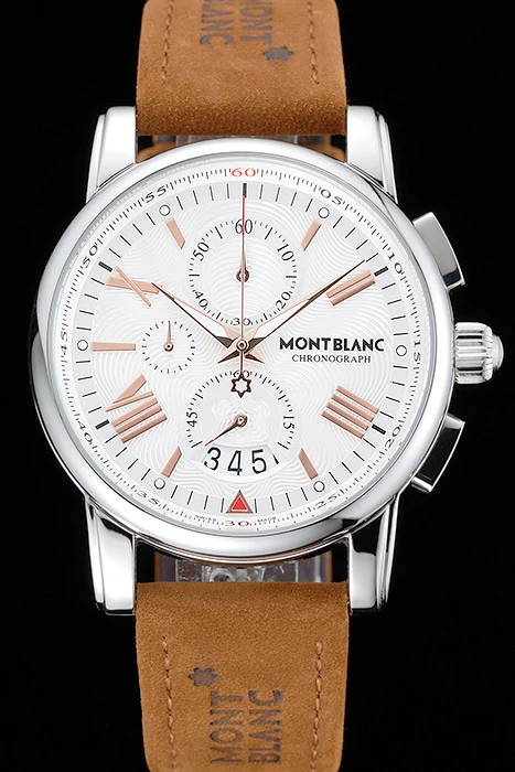 Montblanc Chronograph White Dial Brown Suede Leather Bracelet Silver Case new125122
