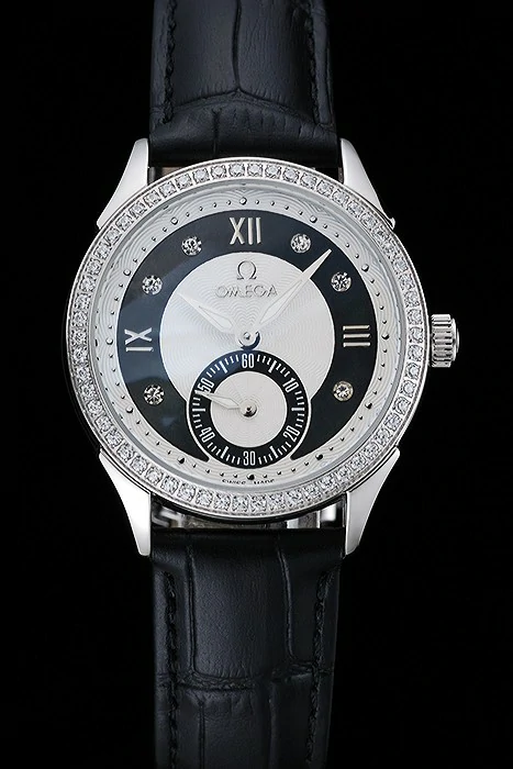 Omega DeVille Prestige Black Dial Silver Diamond Case Black Leather Bracelet new125127