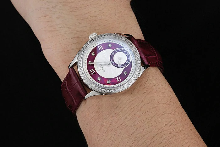 Omega DeVille Prestige Dark Red Dial Silver Diamond Case Dark Red Leather Bracelet new125128