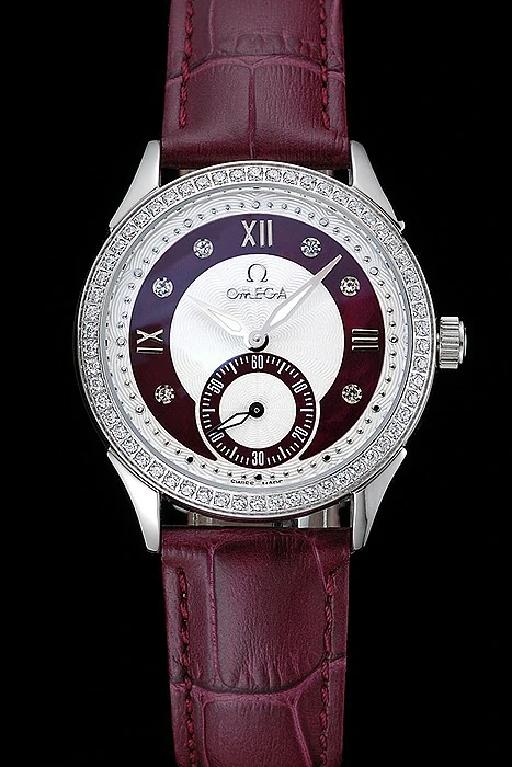 Omega DeVille Prestige Dark Red Dial Silver Diamond Case Dark Red Leather Bracelet new125128