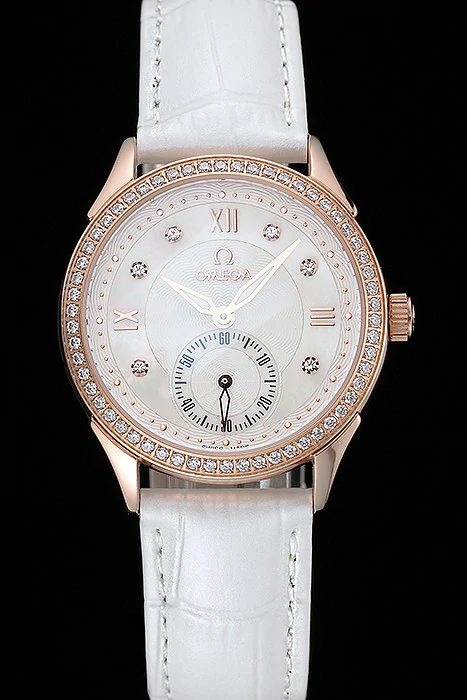 Omega DeVille Prestige White Dial Gold Diamond Case White Leather Bracelet new125129