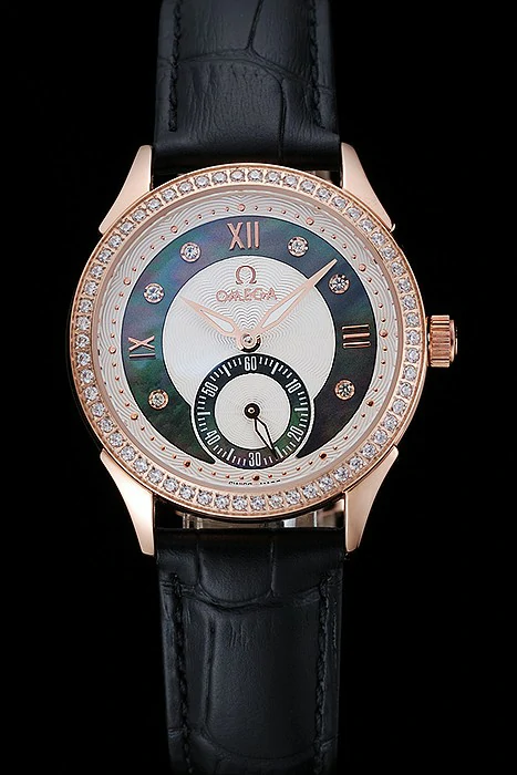 Omega DeVille Prestige Black Dial Gold Diamond Case Black Leather Bracelet new125130