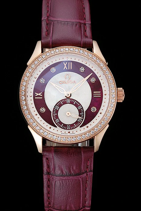 Omega DeVille Prestige Dark Red Dial Gold Diamond Case Dark Red Leather Bracelet new125131