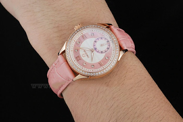 Omega DeVille Prestige Pink Dial Gold Diamond Case Pink Leather Bracelet new125132