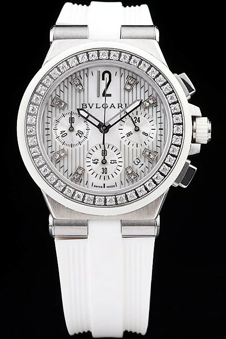 Bvlgari Diagono 36mm White Dial Stainless Steel Case With Diamonds White Rubber Bracelet new56162