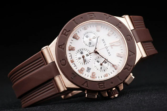 Bvlgari Diagono 36mm White Dial Rose Gold Case Brown Rubber Bracelet new56282