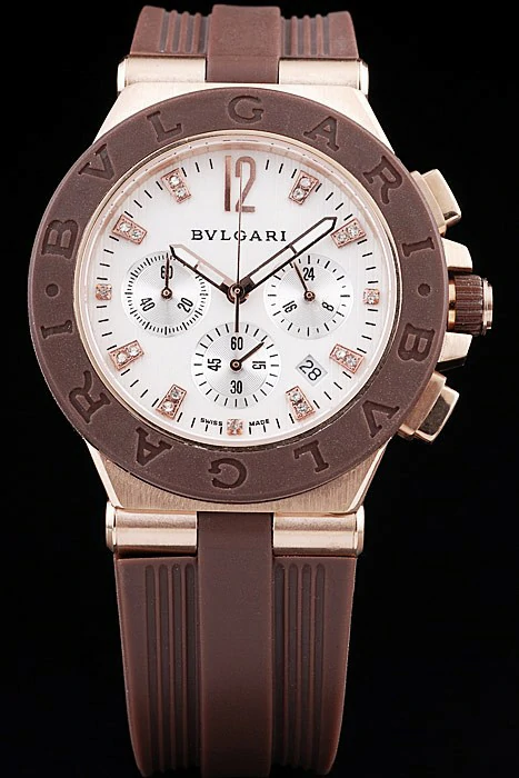 Bvlgari Diagono 36mm White Dial Rose Gold Case Brown Rubber Bracelet new56282