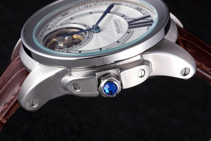 Cartier Calibre Flying Tourbillon White Dial Stainless Steel Case Brown Leather Bracelet new56322