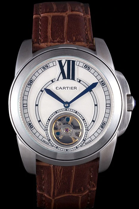 Cartier Calibre Flying Tourbillon White Dial Stainless Steel Case Brown Leather Bracelet new56322