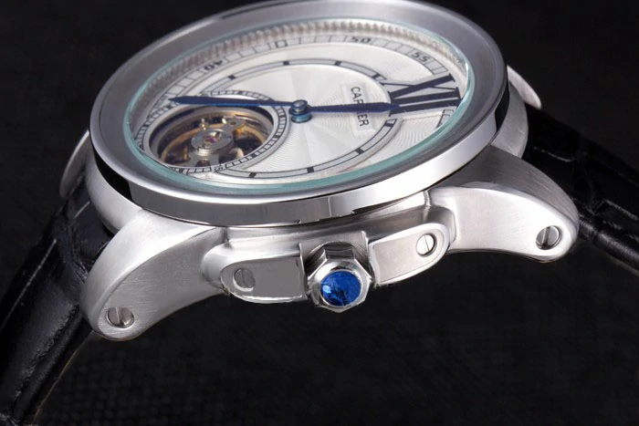 Cartier Calibre Flying Tourbillon White Dial Stainless Steel Case Black Leather Bracelet new56332