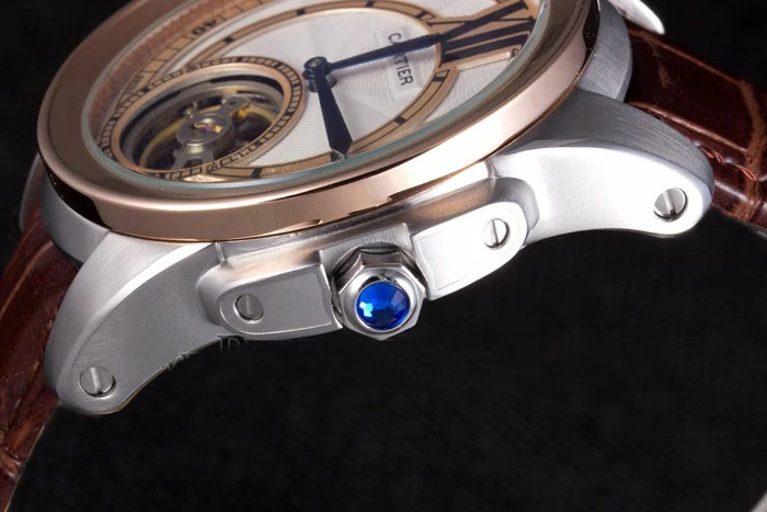 Cartier Calibre Flying Tourbillon White Dial Two Tone Case Brown Leather Bracelet new56342