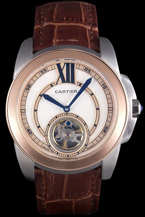 Cartier Calibre Flying Tourbillon White Dial Two Tone Case Brown Leather Bracelet new56342