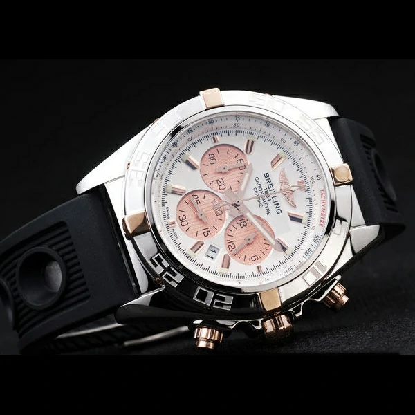 Breitling Chronomat Rose Gold Highlight Ribbed Black Rubber Strap White Dial new58051