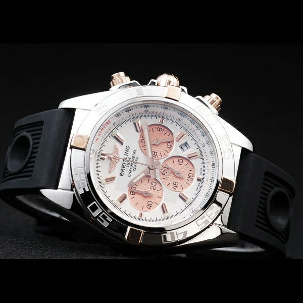 Breitling Chronomat Rose Gold Highlight Ribbed Black Rubber Strap White Dial new58051
