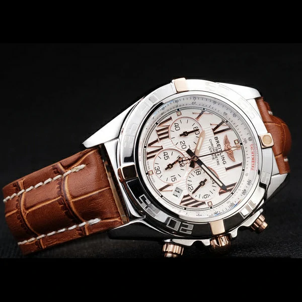 Breitling Chronomat Yellow Gold Highlight Brown Leather Strap Roman Number White Dial new58052